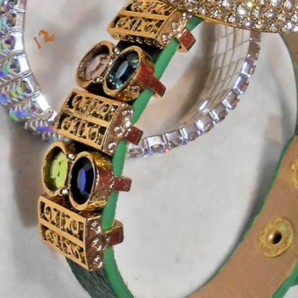 Gold & Green Slide Cuff Rhinestone Leather Bracelet